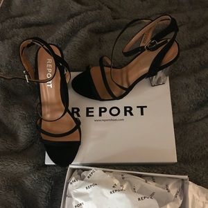 Black strappy block sandal heels